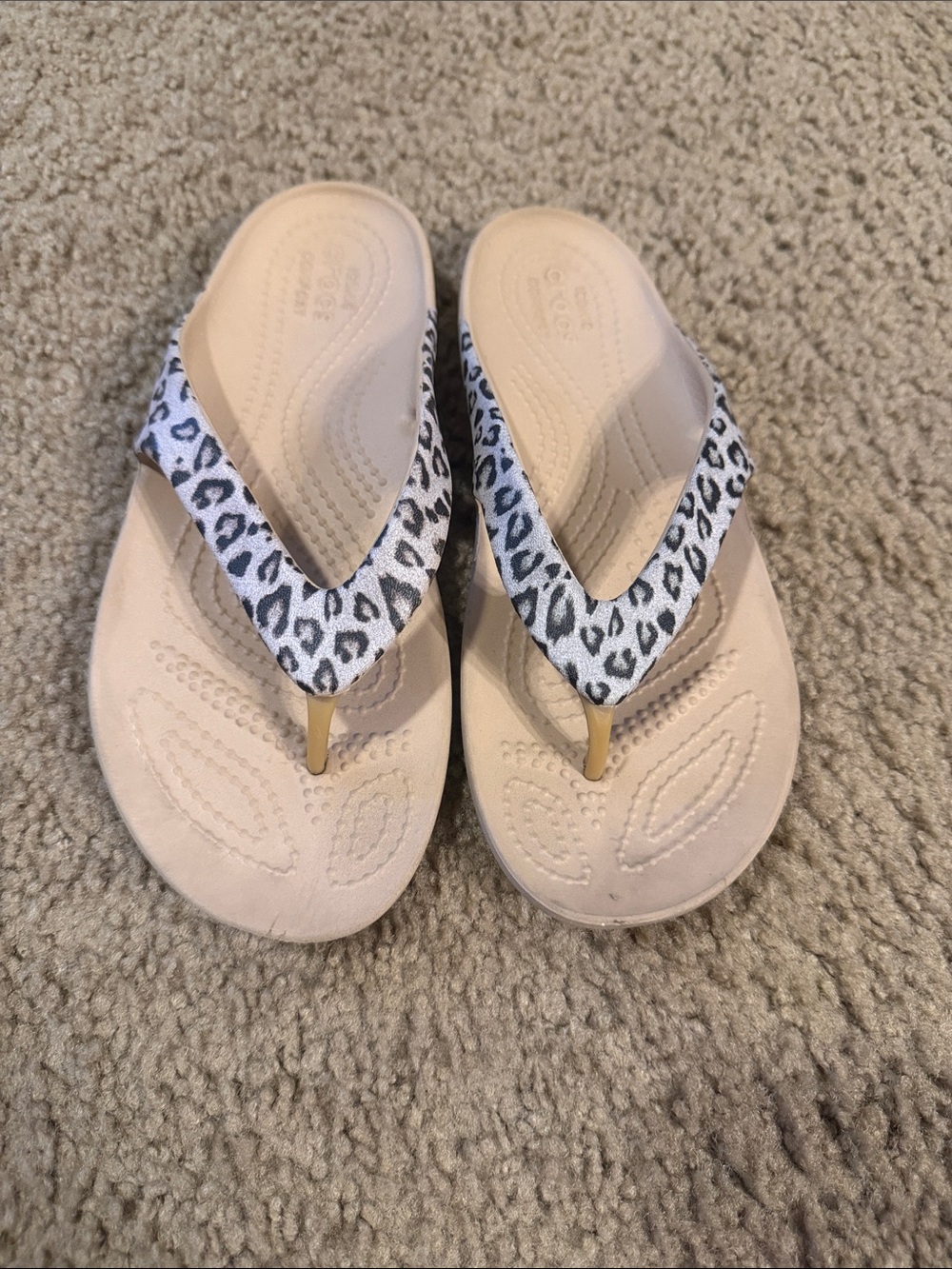 CROCS Kids Beige Flip Flops with Black & White Leopard Straps